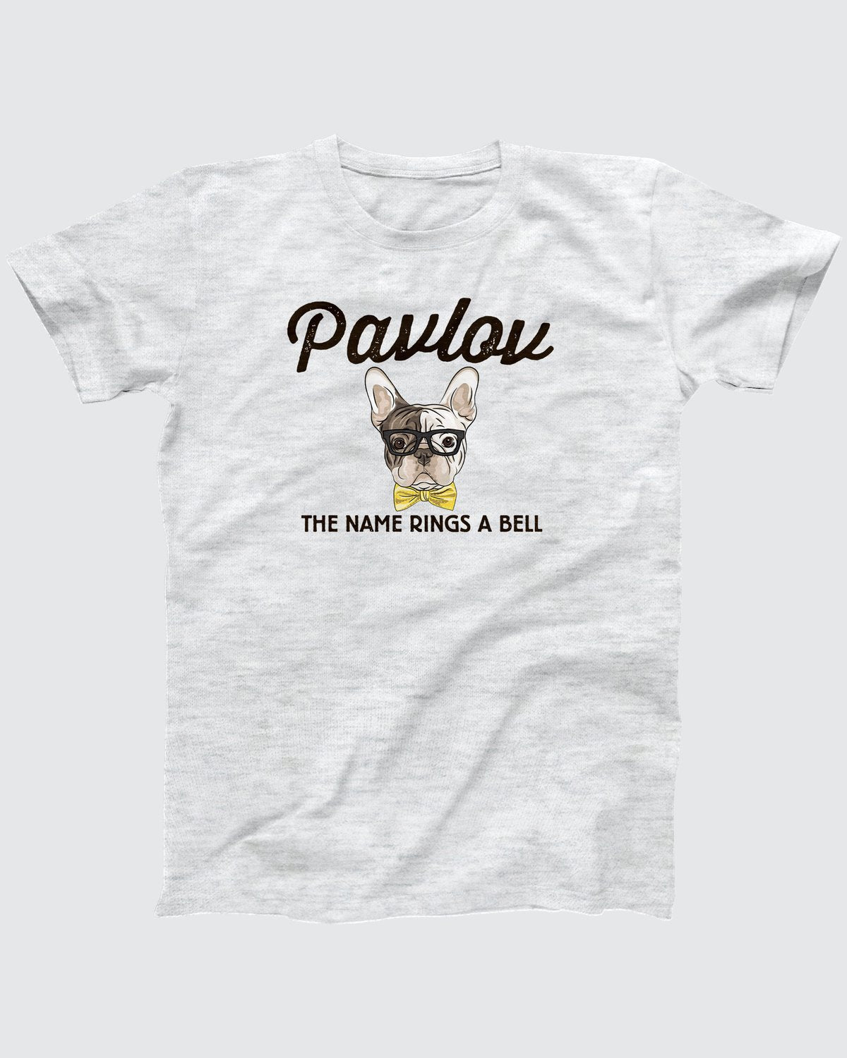 Pavlov's Dog t-shirt in Ash, flat lay on grey