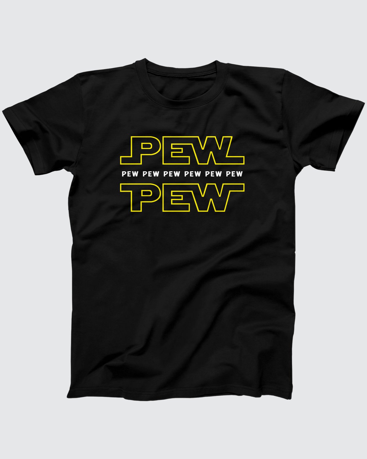 Pew Pew t-shirt in Black, flat lay on grey
