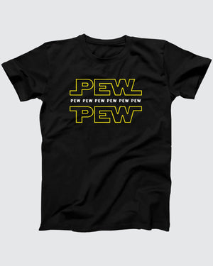 Pew Pew t-shirt in Black, flat lay on grey