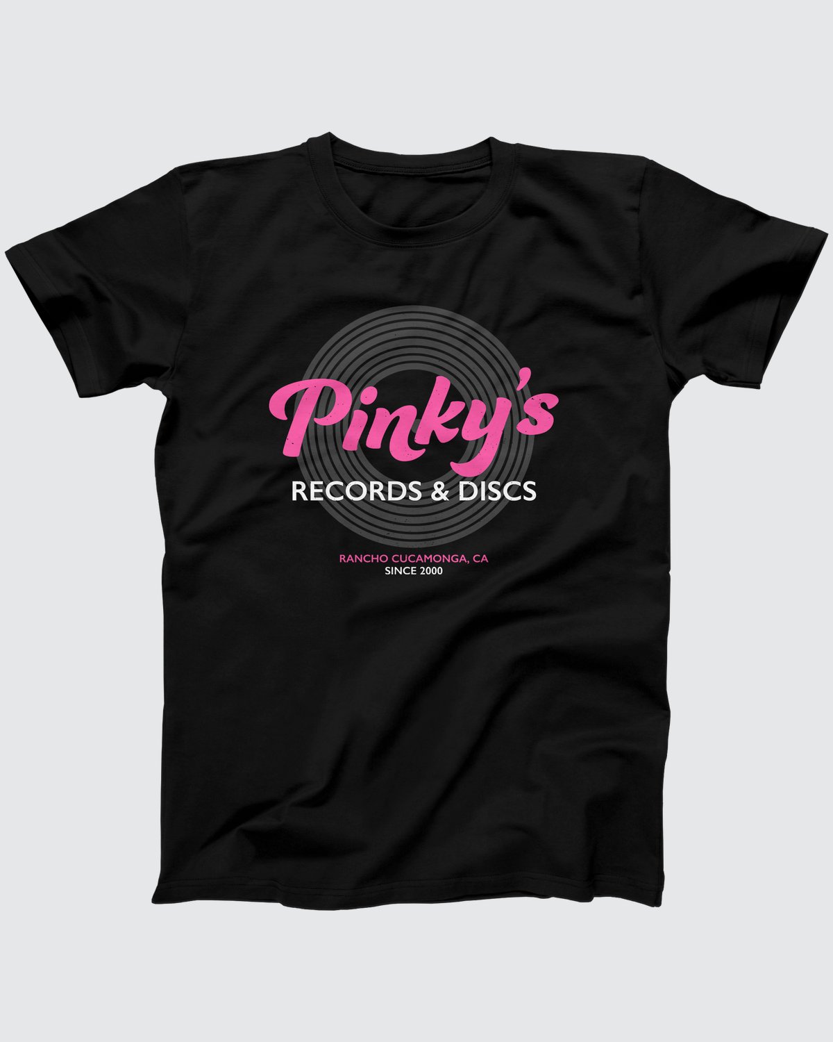Pinky's Record Shop T-Shirt, flat lay on grey