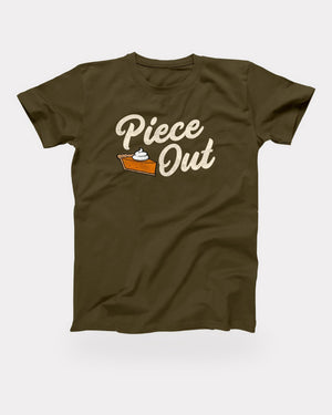 Piece Out T-Shirt in Army, flat lay on grey