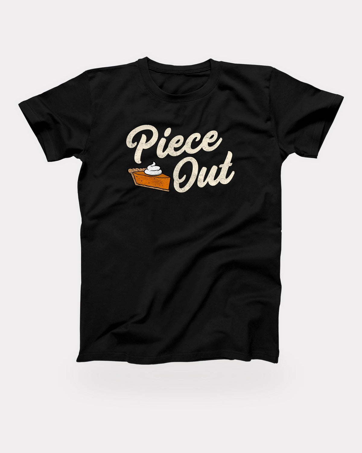 Piece Out T-Shirt in Black, flat lay on grey
