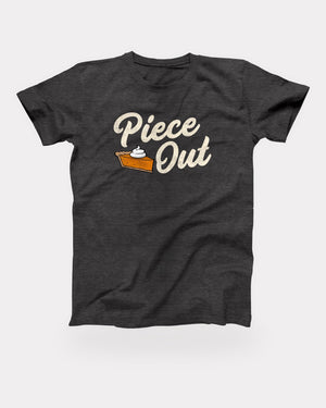 Piece Out T-Shirt in Dark Grey Heather, flat lay on grey