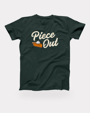 Piece Out T-Shirt in Forest, flat lay on grey