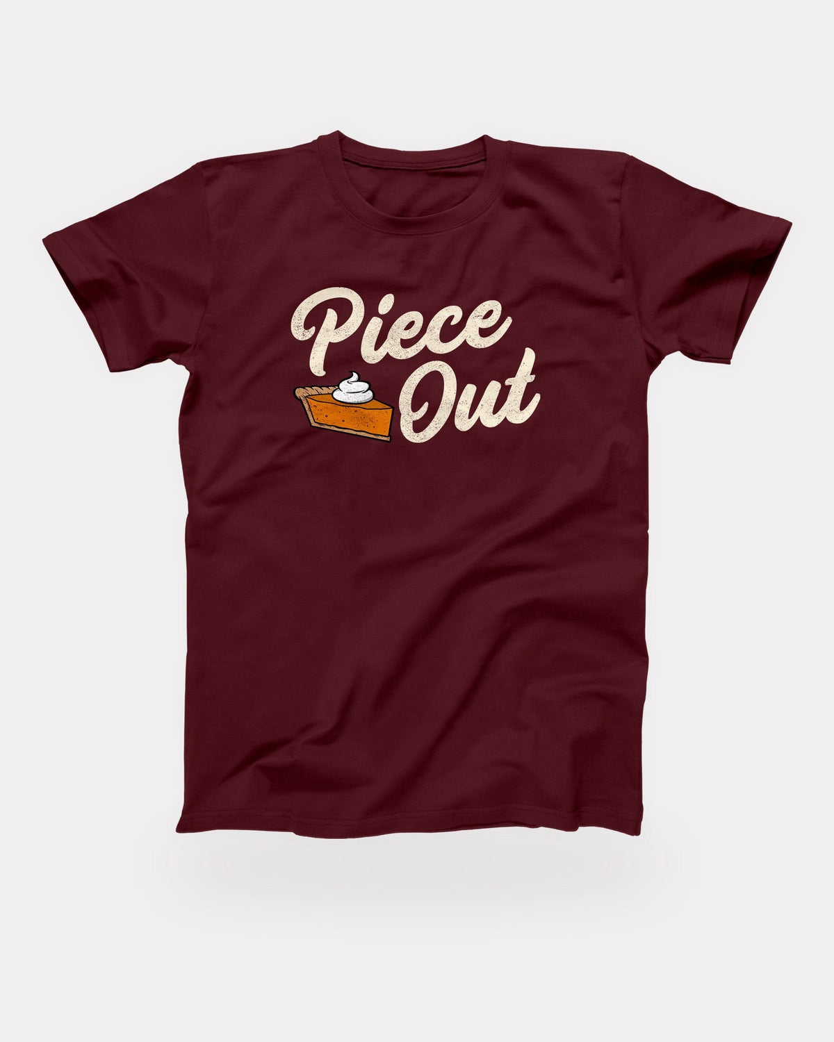 Piece Out T-Shirt in Maroon, flat lay on grey