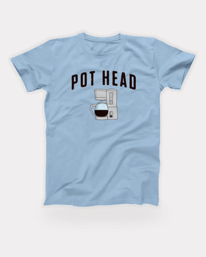 Pot Head T-Shirt in Baby Blue, flat lay on grey