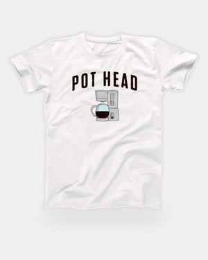 Pot Head T-Shirt in White, flat lay on grey