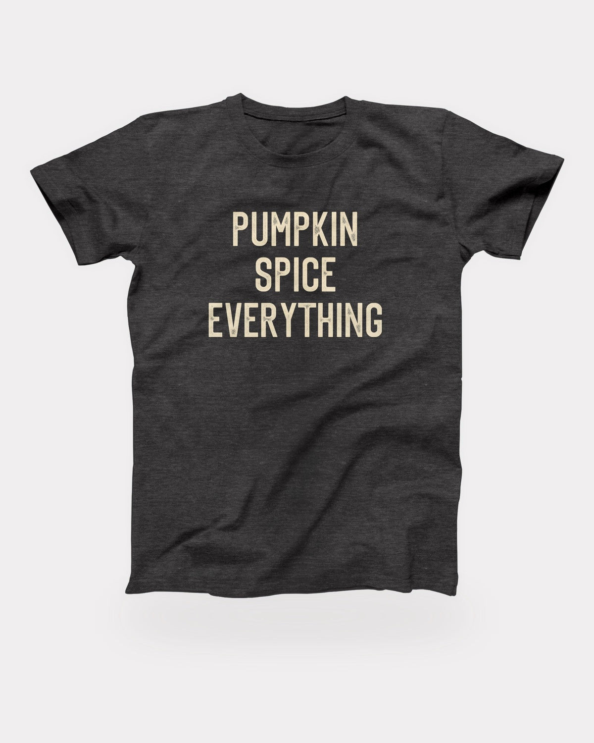Pumpkin Spice Everything T-Shirt in Dark Grey Heather, flat lay on grey