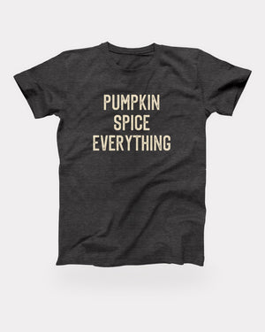 Pumpkin Spice Everything T-Shirt in Dark Grey Heather, flat lay on grey