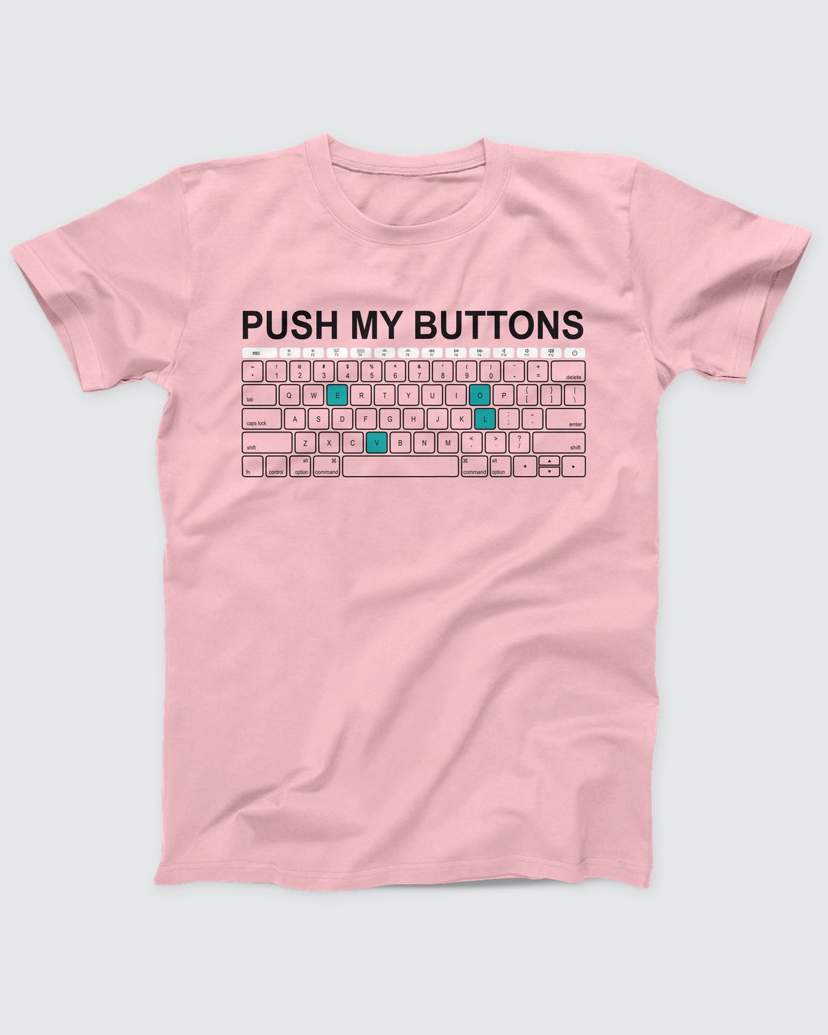 Push My Buttons t-shirt in Pink, flat lay on grey