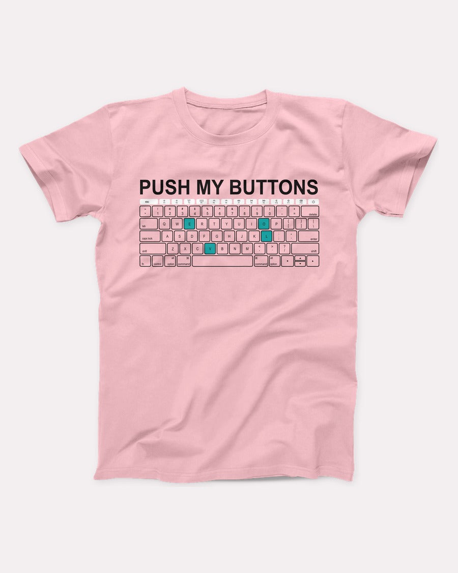 Push My Buttons t-shirt in Pink, flat lay on grey