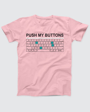Push My Buttons t-shirt in Pink, flat lay on grey