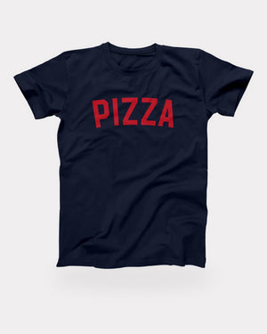 Pizza T-Shirt in Navy, flat lay on grey