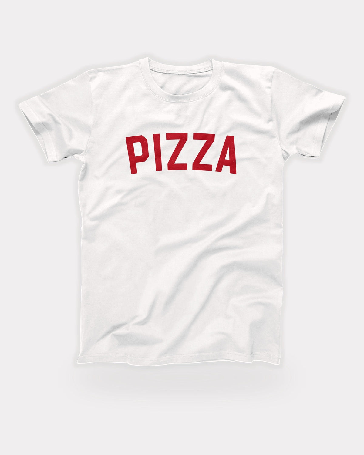 Pizza T-Shirt in White, flat lay on grey
