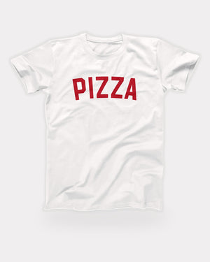 Pizza T-Shirt in White, flat lay on grey