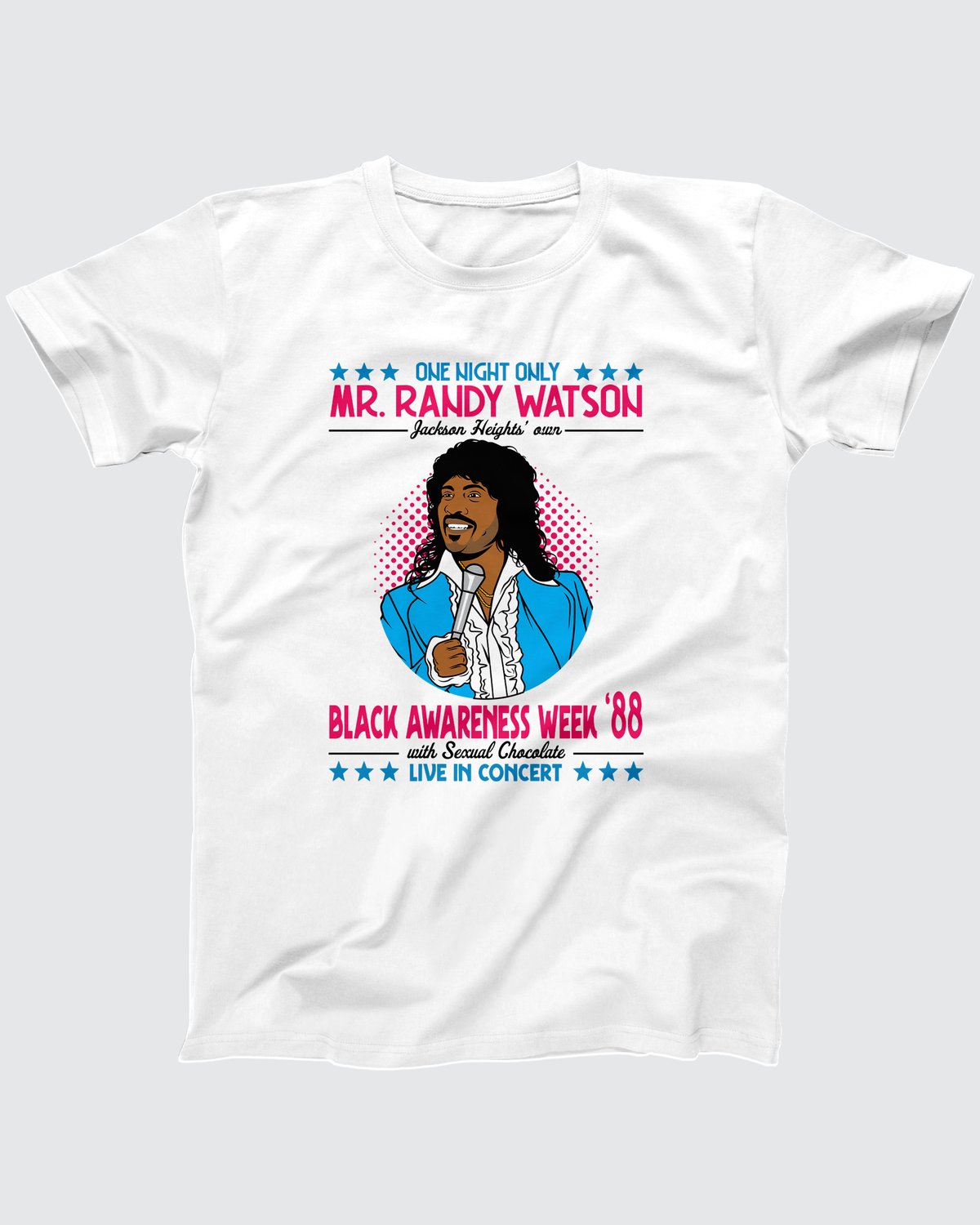 Randy Watson Sexual Chocolate T-Shirt, flat lay on grey