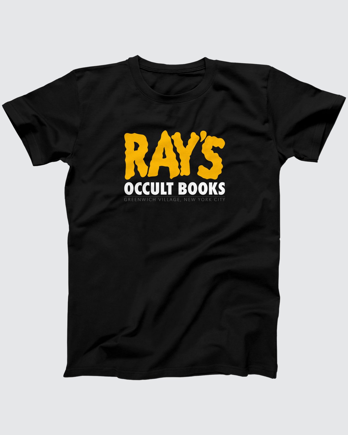 Ray's Occult Books T-Shirt, flat lay on grey