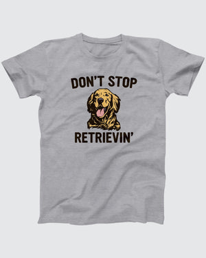 Don't Stop Retrievin' t-shirt in Athletic Heather, flat lay on grey