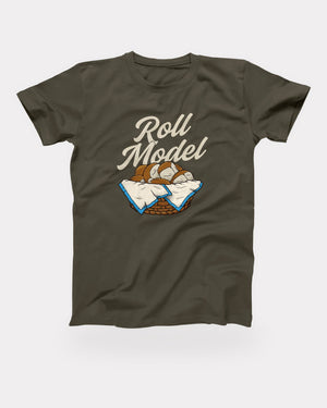 Roll Model T-Shirt in Army, flat lay on grey