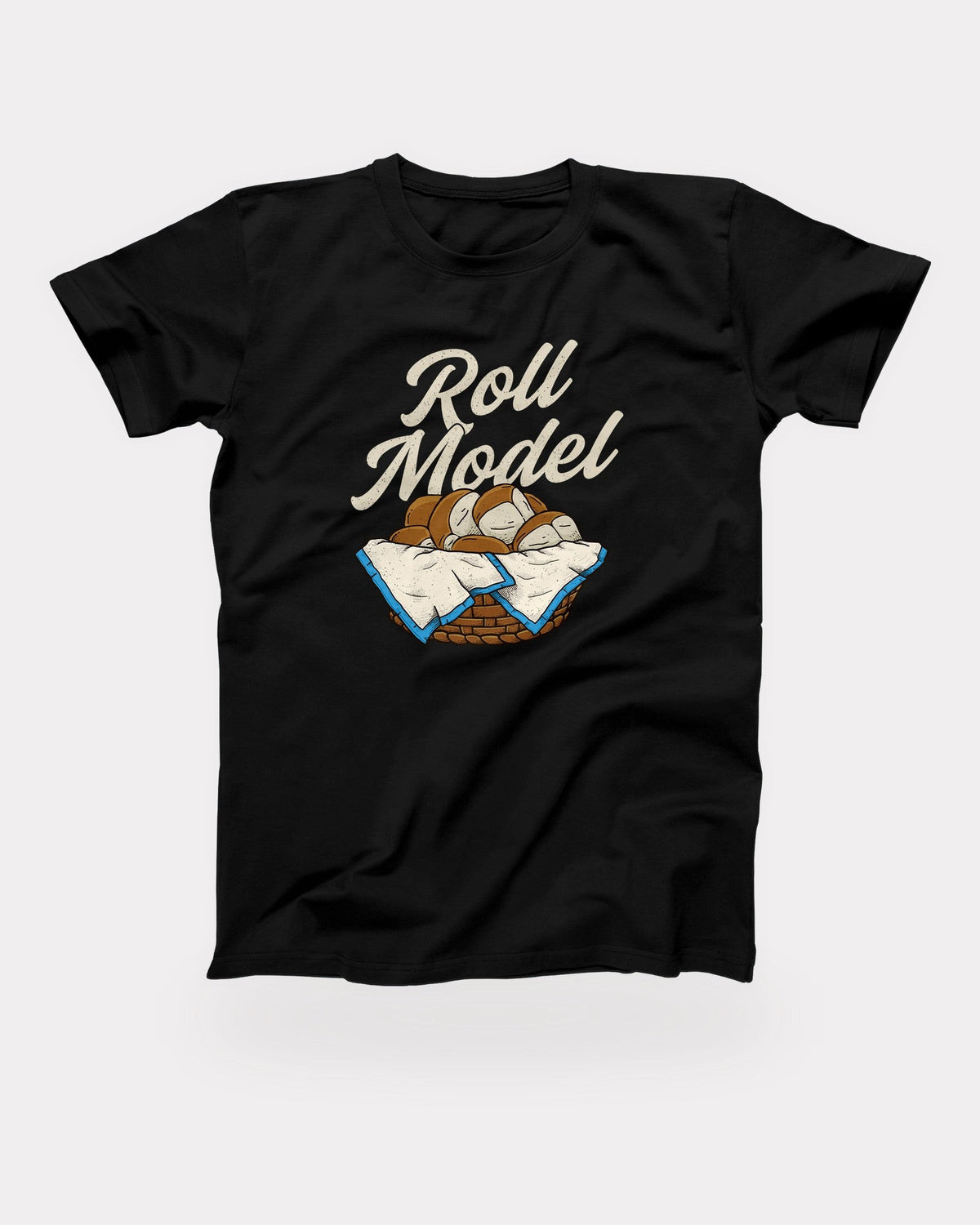 Roll Model T-Shirt in Black, flat lay on grey