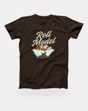 Roll Model T-Shirt in Brown, flat lay on grey