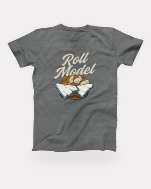 Roll Model T-Shirt in Deep Heather, flat lay on grey