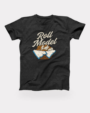 Roll Model T-Shirt in Dark Grey Heather, flat lay on grey