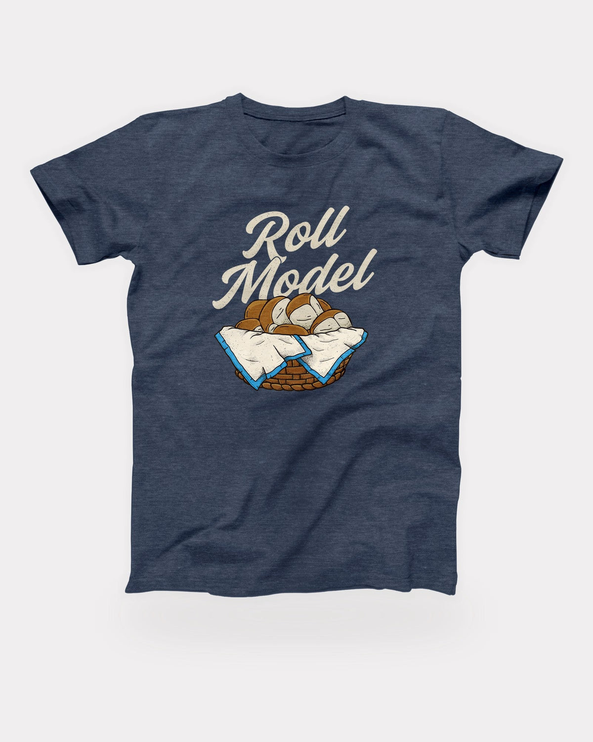 Roll Model T-Shirt in Heather Navy, flat lay on grey