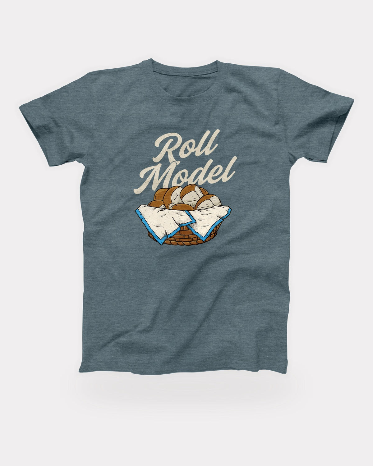 Roll Model T-Shirt in Heather Slate, flat lay on grey
