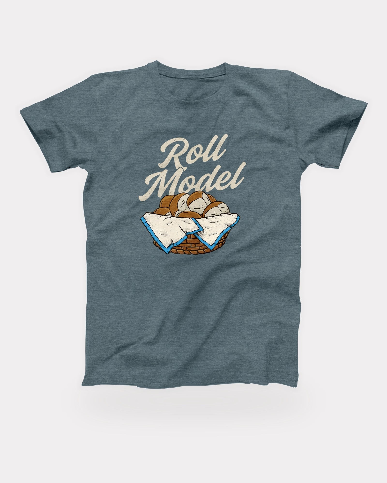 Roll Model T-Shirt in Heather Slate, flat lay on grey