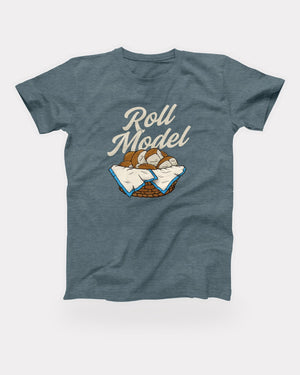 Roll Model T-Shirt in Heather Slate, flat lay on grey