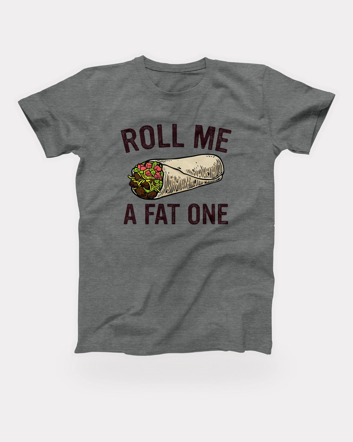 Roll Me A Fat One T-Shirt in Deep Heather, flat lay on grey