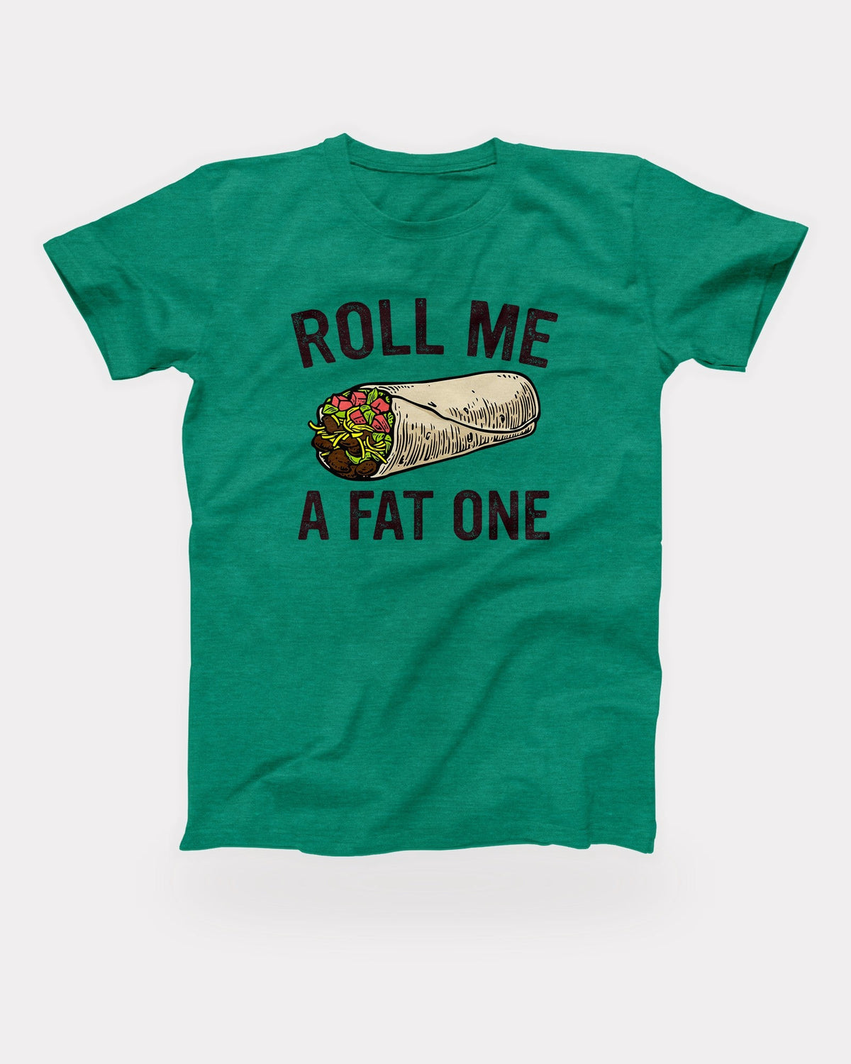 Roll Me A Fat One T-Shirt in Heather Kelly, flat lay on grey