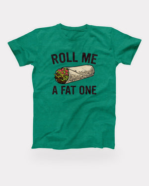 Roll Me A Fat One T-Shirt in Heather Kelly, flat lay on grey