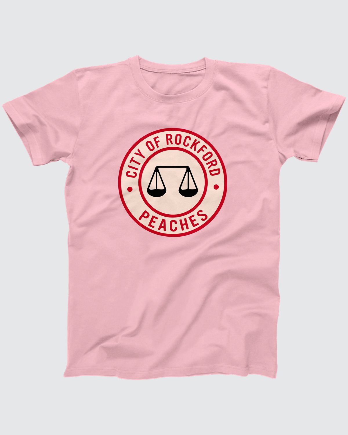 Rockford Peaches T-Shirt, flat lay on grey