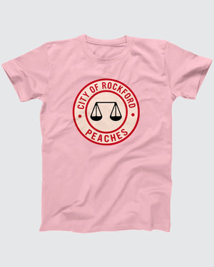 Rockford Peaches T-Shirt, flat lay on grey