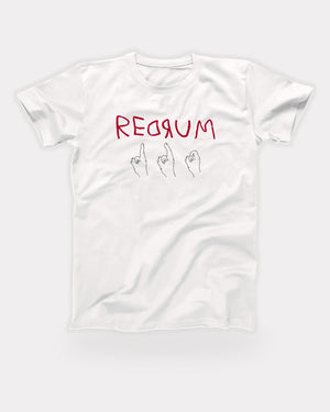 Red Rum T-Shirt in White, flat lay on grey