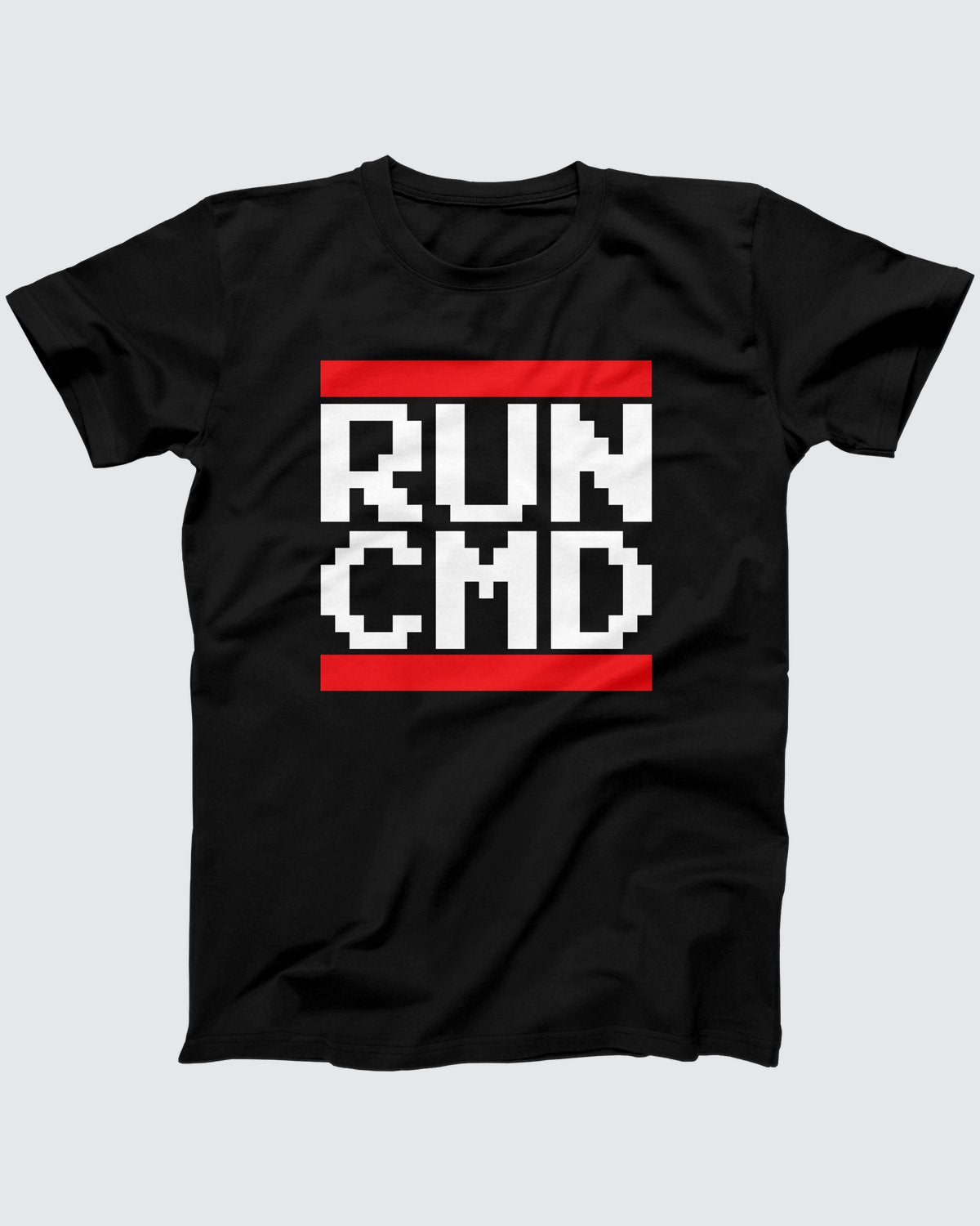 RUN CMD t-shirt in Black, flat lay on grey