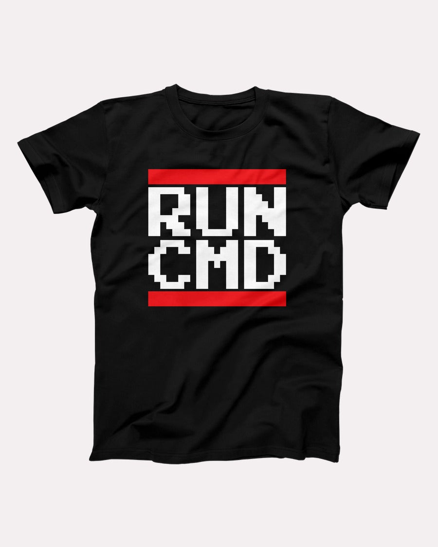 RUN CMD t-shirt in Black, flat lay on grey