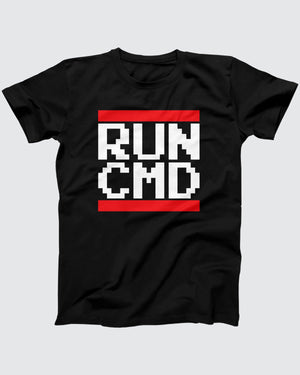 RUN CMD t-shirt in Black, flat lay on grey