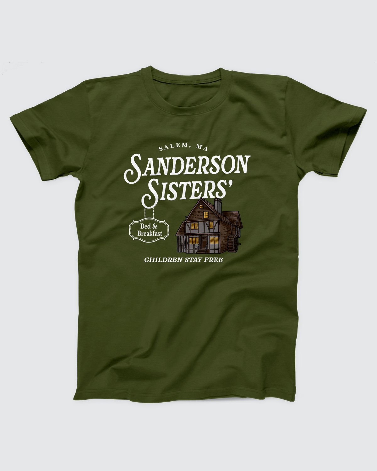 Sanderson Sisters' Bed & Breakfast T-Shirt, flat lay on grey
