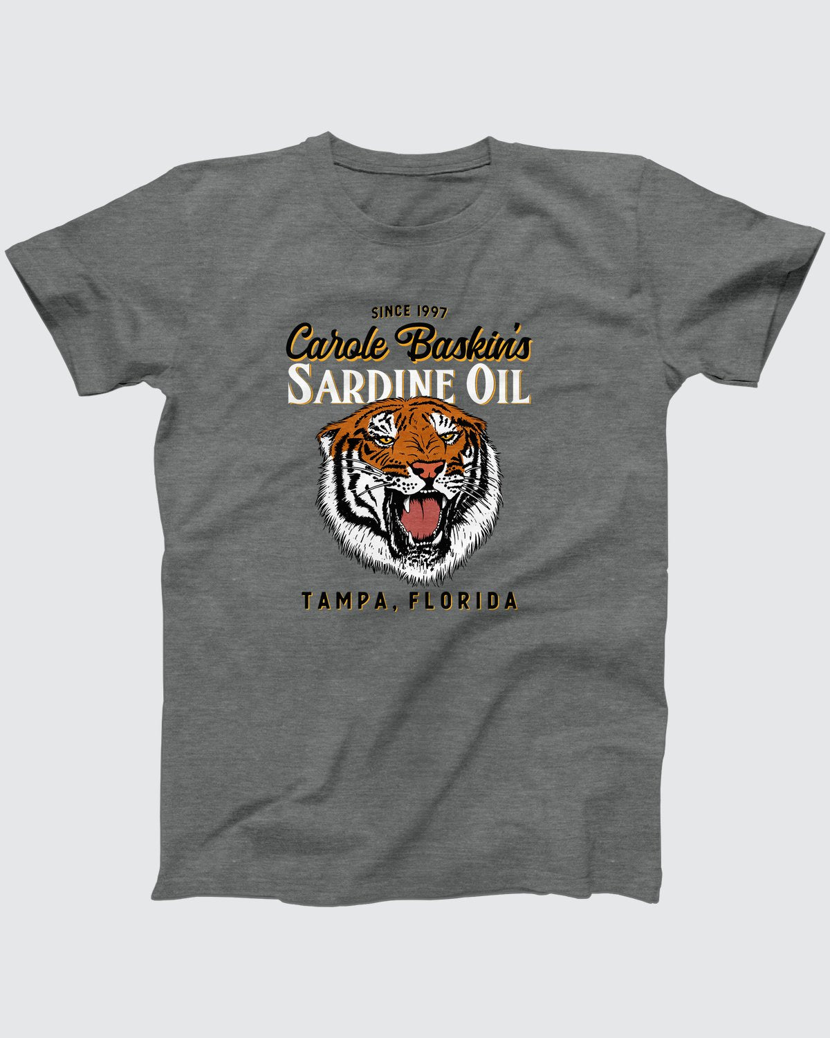 Carole Baskin's Sardine Oil T-Shirt, flat lay on grey