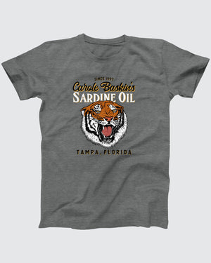 Carole Baskin's Sardine Oil T-Shirt, flat lay on grey