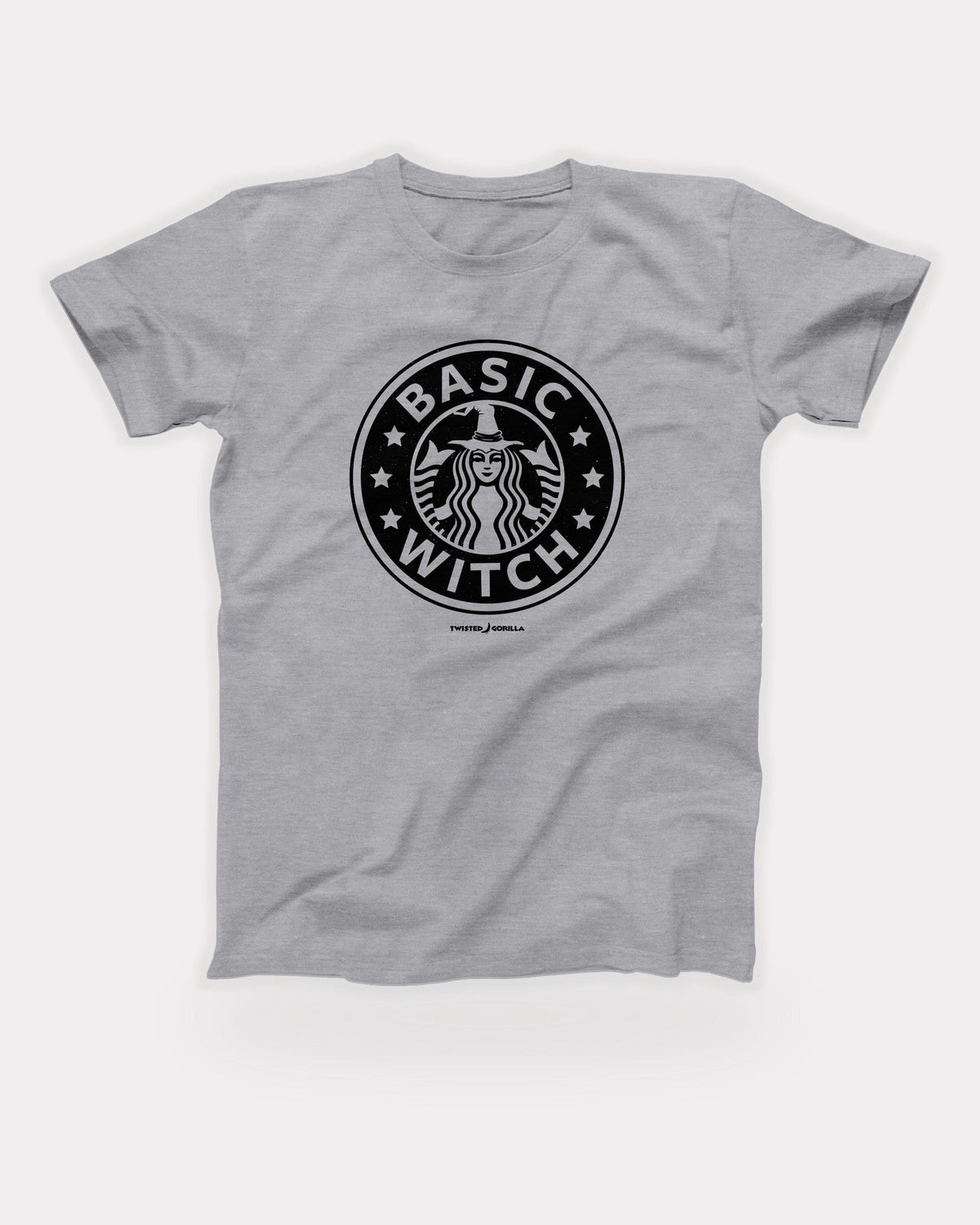 Seattle's Best Basic Witch T-Shirt in Athletic Heather, flat lay on grey