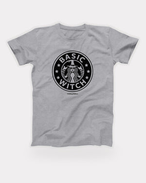 Seattle's Best Basic Witch T-Shirt in Athletic Heather, flat lay on grey