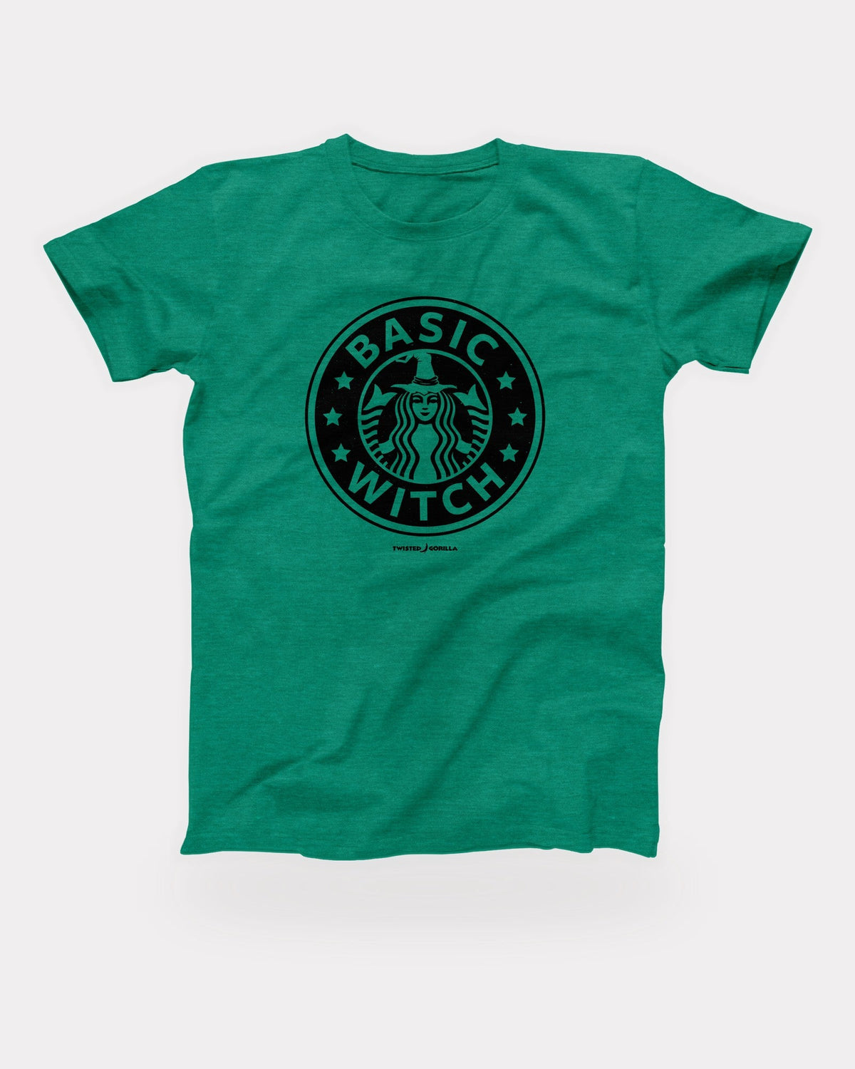 Seattle's Best Basic Witch T-Shirt in Heather Kelly, flat lay on grey