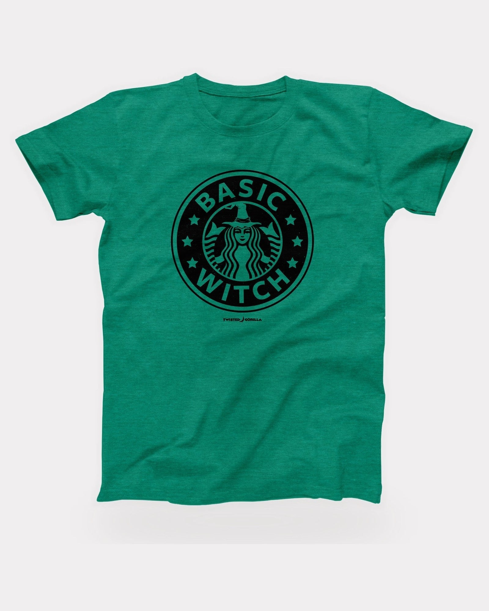 Seattle's Best Basic Witch T-Shirt in Heather Kelly, flat lay on grey