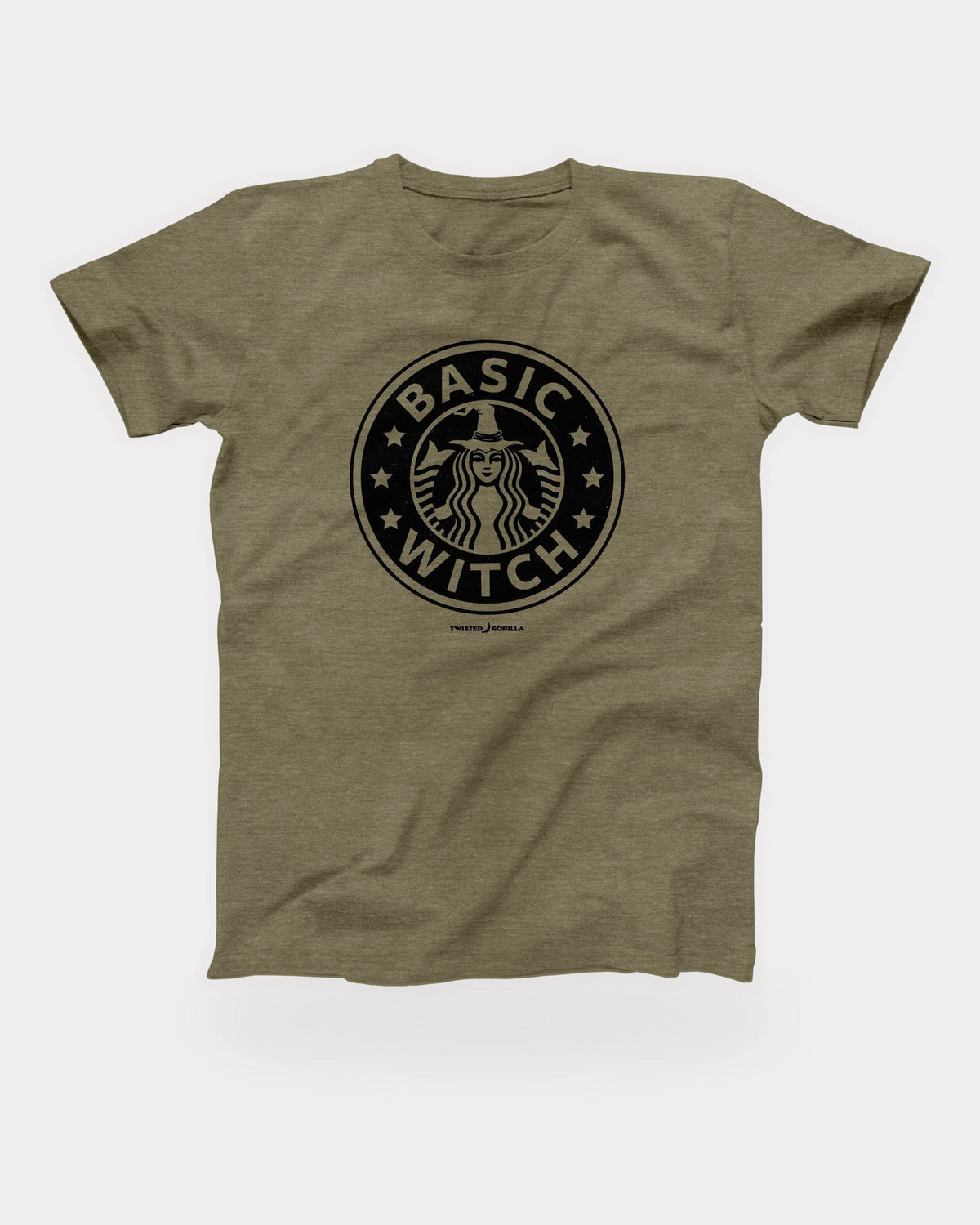Seattle's Best Basic Witch T-Shirt in Heather Olive, flat lay on grey