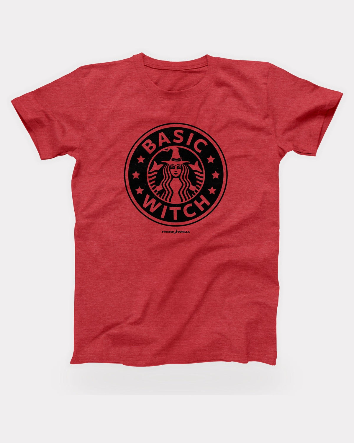 Seattle's Best Basic Witch T-Shirt in Heather Red, flat lay on grey