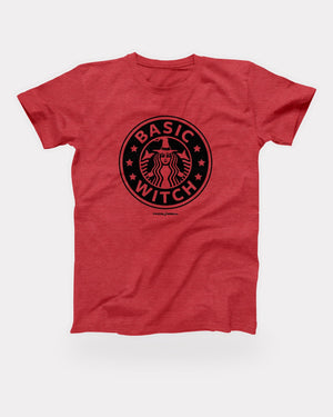 Seattle's Best Basic Witch T-Shirt in Heather Red, flat lay on grey